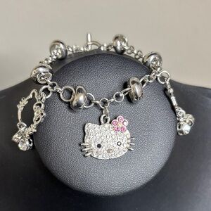 Hello Kitty Charm Silver Tone Chain Bracelet Dangle Rhinestone